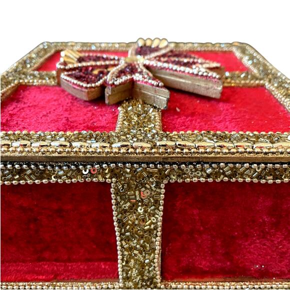 Red Velvet Gold Sequin Christmas Present Gift Box w/ Bow & Lid 7in Holiday Decor - Picture 13 of 15